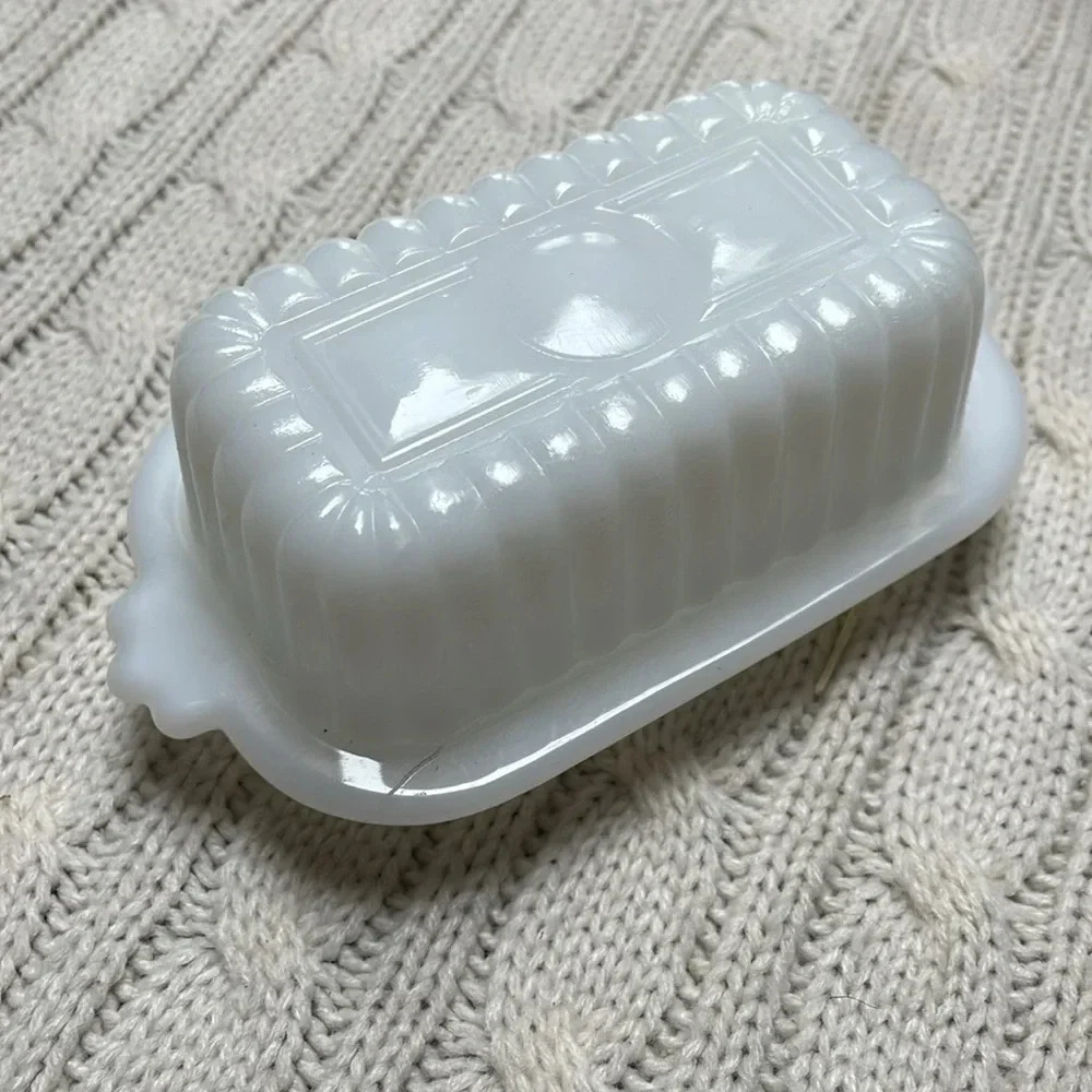 Vtg Hazel Atlas half stick butterdish w/ lid White Milk glass Ribbed MCM 1950s